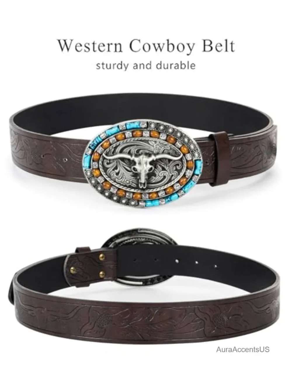 Women's Western Leather Belt with Turquoise Oval Buckle - Cowboy Cowgirl